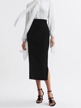 Reiss Black Velvet High-Waist Midi Pencil Skirt